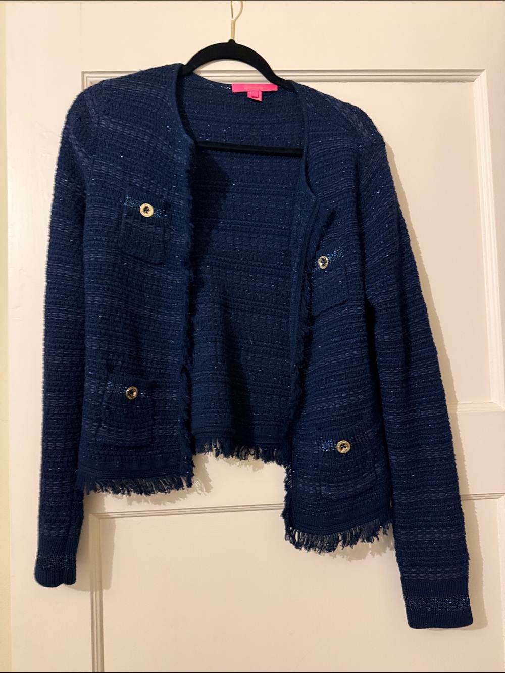 Lilly Pulitzer Navy Fringed Bouclé Blazer with Gold Buttons